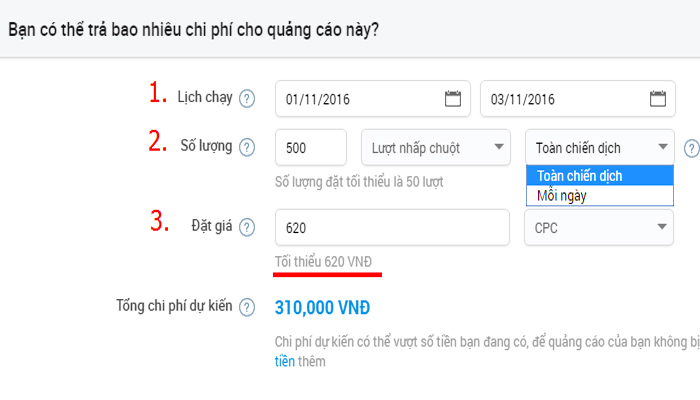 Bước 3: Ngân sách và lịch chạy