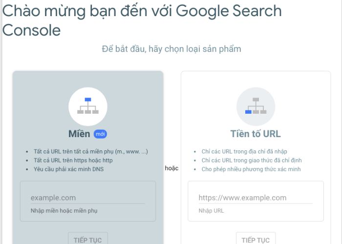 Lựa chọn miền - tiền tố URL GSC